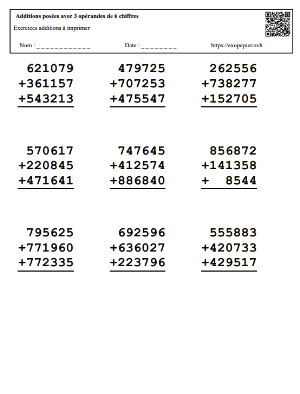 Fiche d'exercices à imprimer sur les sommes posées de 3 nombres pour CM2